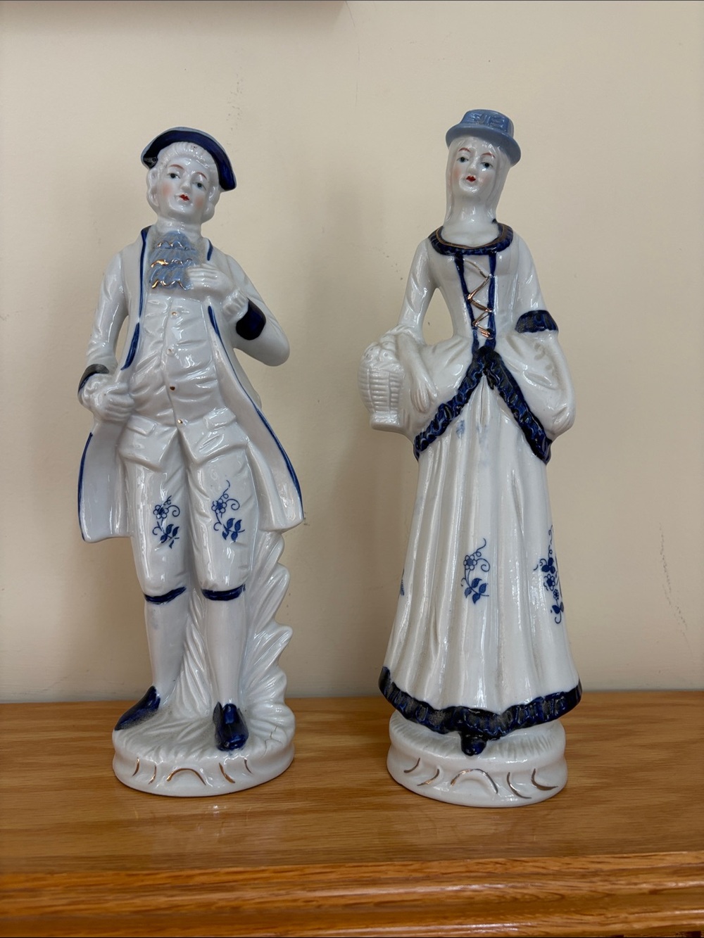 Vintage Blue and White Porcelain Couple Figurines - Decorative Home Art